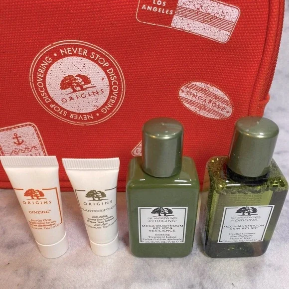 Origins Skincare Set-Red Pouch,Mask,Cleansers,Serums,Anti-Age,Eye Cream-15pc-NEW